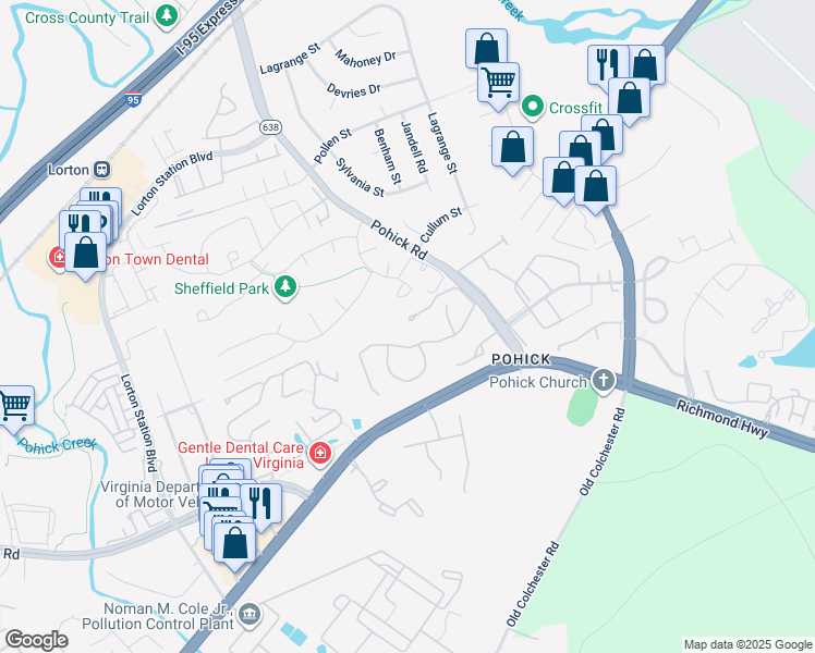 map of restaurants, bars, coffee shops, grocery stores, and more near 7490 Wounded Knee Road in Lorton