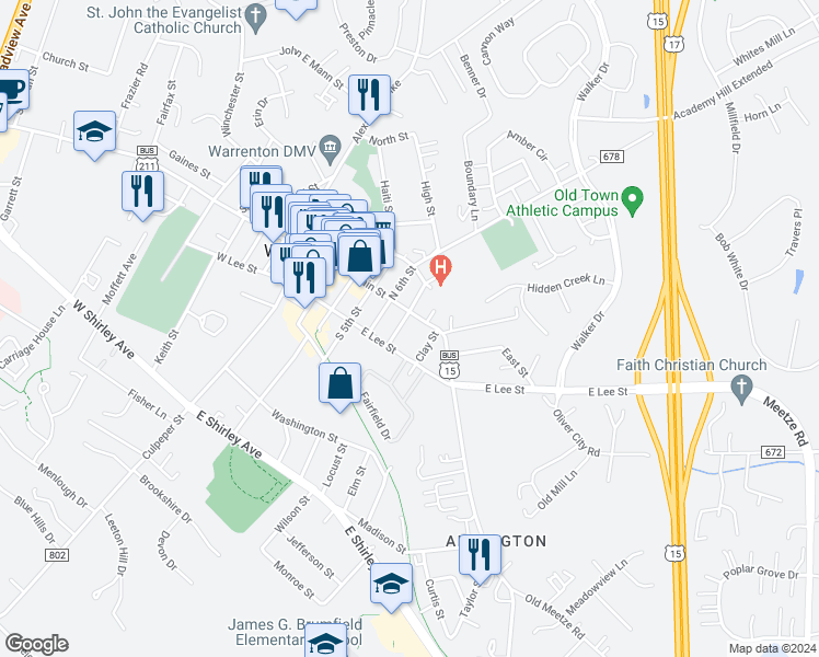 map of restaurants, bars, coffee shops, grocery stores, and more near 7 South Calhoun Street in Warrenton