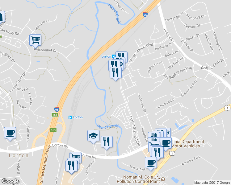 map of restaurants, bars, coffee shops, grocery stores, and more near 9034 Lorton Station Boulevard in Lorton