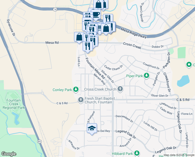 map of restaurants, bars, coffee shops, grocery stores, and more near 8342 Hurley Drive in Fountain