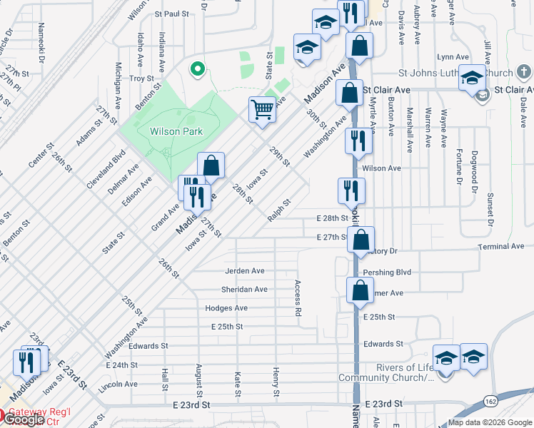 map of restaurants, bars, coffee shops, grocery stores, and more near 2800 Ralph Street in Granite City