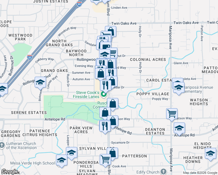 map of restaurants, bars, coffee shops, grocery stores, and more near Auburn Boulevard & Cedar Drive in Citrus Heights