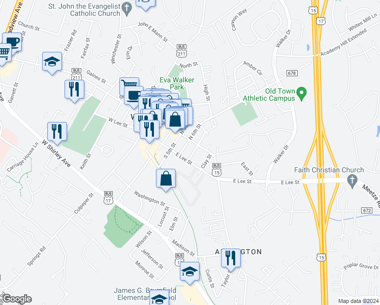 map of restaurants, bars, coffee shops, grocery stores, and more near 24 South Calhoun Street in Warrenton