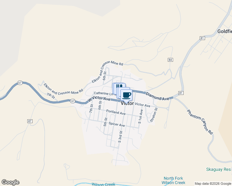 map of restaurants, bars, coffee shops, grocery stores, and more near 102 4th Street in Victor