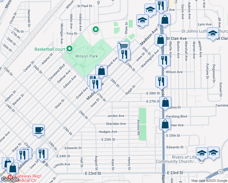 map of restaurants, bars, coffee shops, grocery stores, and more near 2736 Washington Avenue in Granite City