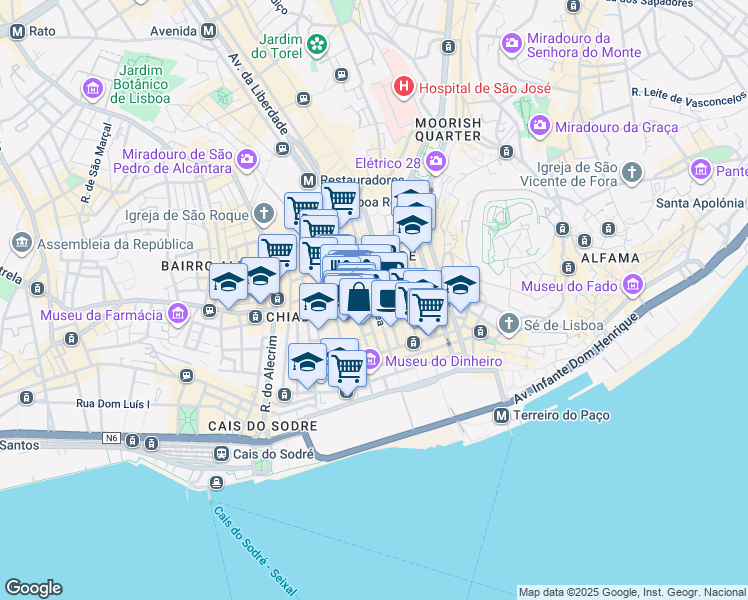 map of restaurants, bars, coffee shops, grocery stores, and more near in Lisbon
