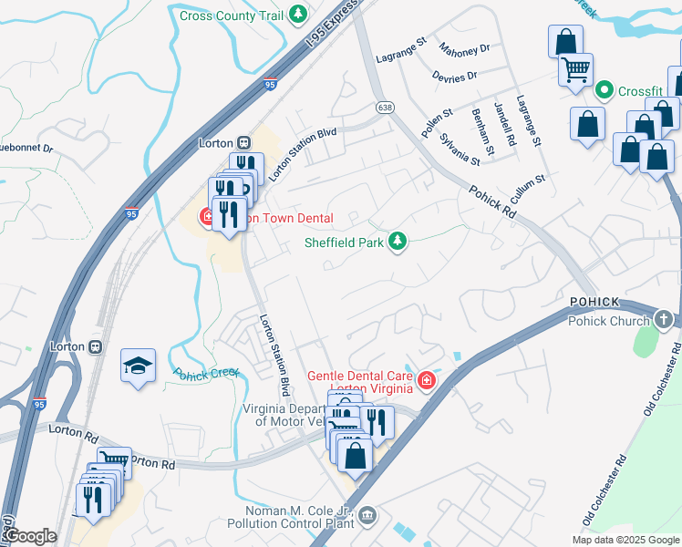 map of restaurants, bars, coffee shops, grocery stores, and more near 7673 Sheffield Village Lane in Lorton