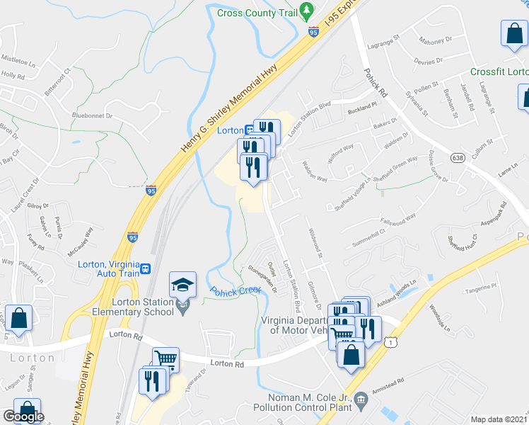 map of restaurants, bars, coffee shops, grocery stores, and more near 9042 Lorton Station Boulevard in Lorton