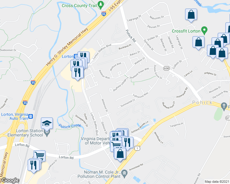 map of restaurants, bars, coffee shops, grocery stores, and more near 7673 Sheffield Village Lane in Lorton