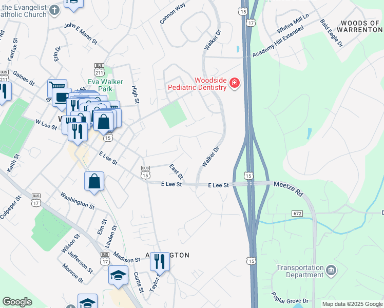 map of restaurants, bars, coffee shops, grocery stores, and more near 197 Autumn Wind Court in Warrenton