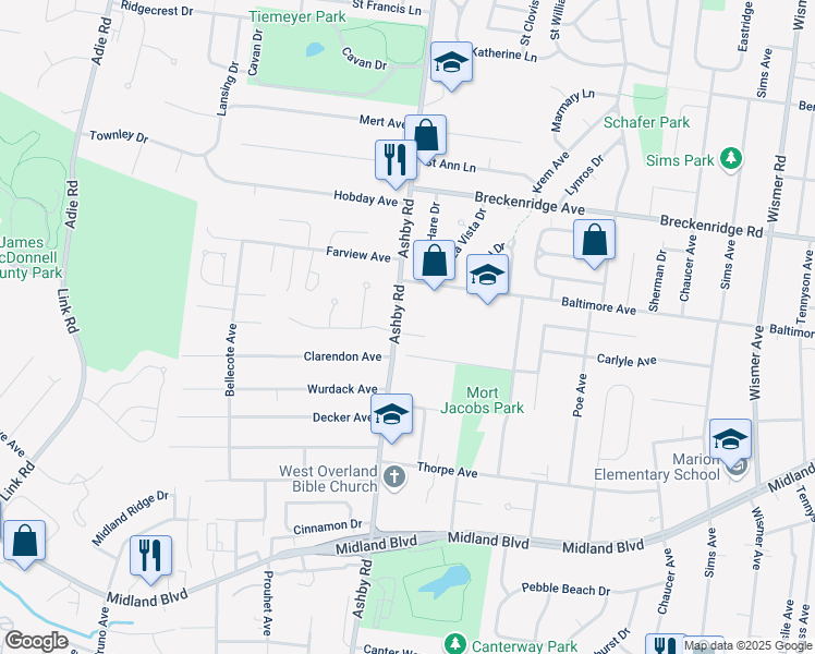 map of restaurants, bars, coffee shops, grocery stores, and more near 10495 Boylston Court in Overland