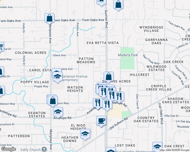 map of restaurants, bars, coffee shops, grocery stores, and more near 8007 Sunrise Boulevard in Citrus Heights