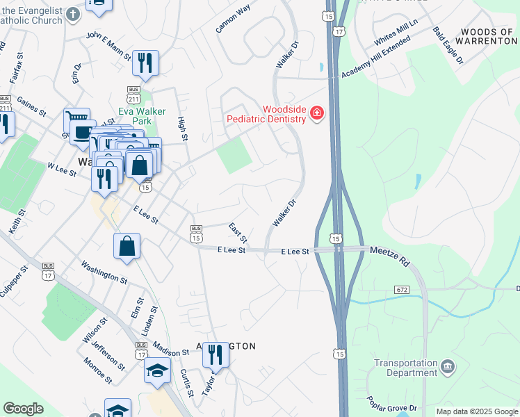 map of restaurants, bars, coffee shops, grocery stores, and more near 197 Autumn Wind Ct in Warrenton