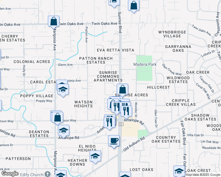 map of restaurants, bars, coffee shops, grocery stores, and more near 8007 Sunrise Boulevard in Citrus Heights