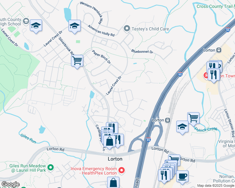 map of restaurants, bars, coffee shops, grocery stores, and more near 8159 Gilroy Drive in Lorton