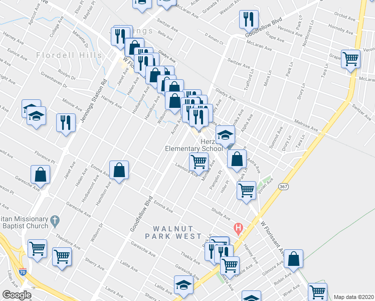 map of restaurants, bars, coffee shops, grocery stores, and more near 5727 Era Avenue in St. Louis