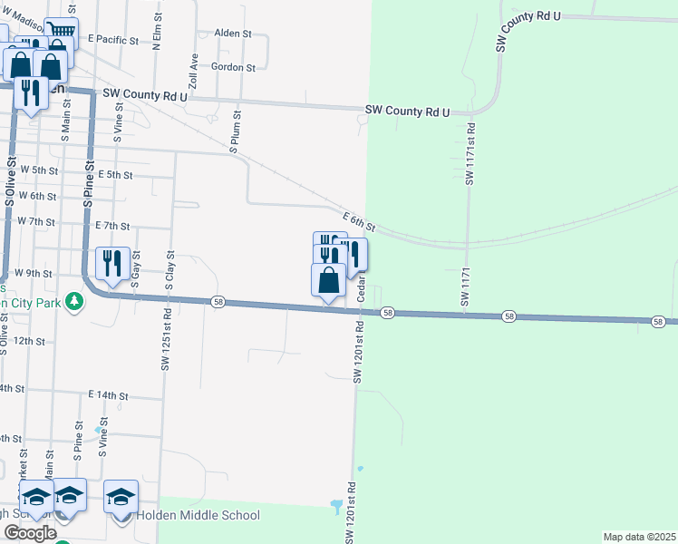 map of restaurants, bars, coffee shops, grocery stores, and more near 113 East 2nd Street in Holden