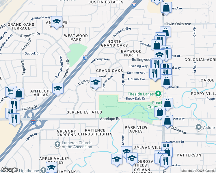 map of restaurants, bars, coffee shops, grocery stores, and more near 7316 Grand Oaks Boulevard in Citrus Heights