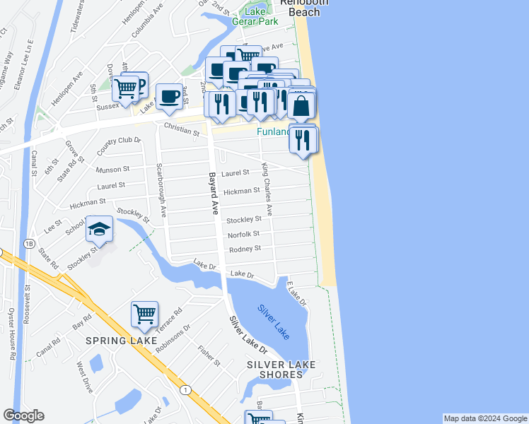 map of restaurants, bars, coffee shops, grocery stores, and more near 605 King Charles Avenue in Rehoboth Beach