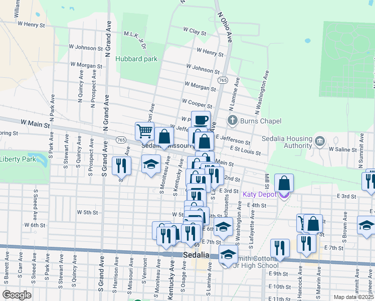 map of restaurants, bars, coffee shops, grocery stores, and more near in Sedalia