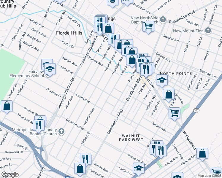 map of restaurants, bars, coffee shops, grocery stores, and more near 6355 Lena Avenue in Jennings