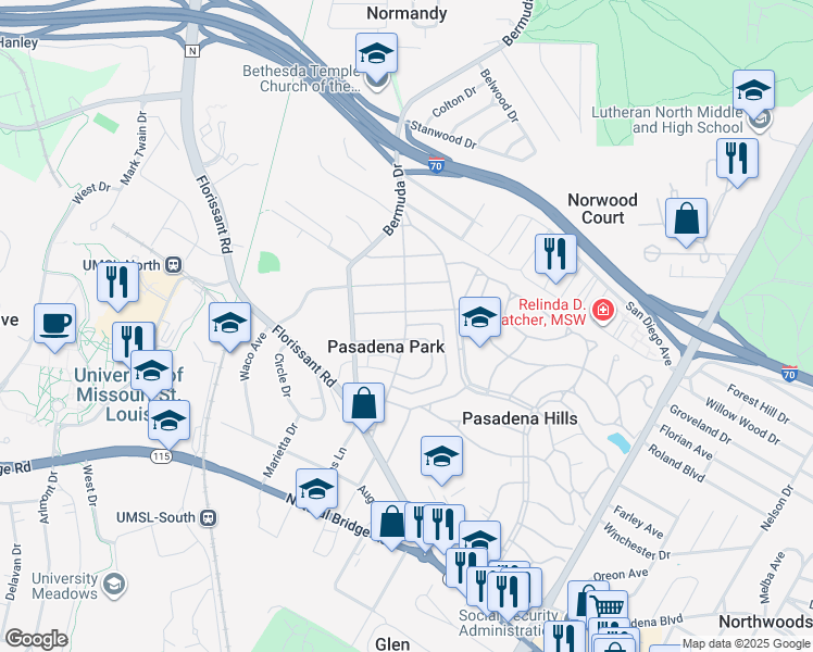 map of restaurants, bars, coffee shops, grocery stores, and more near North Hills Drive in St. Louis