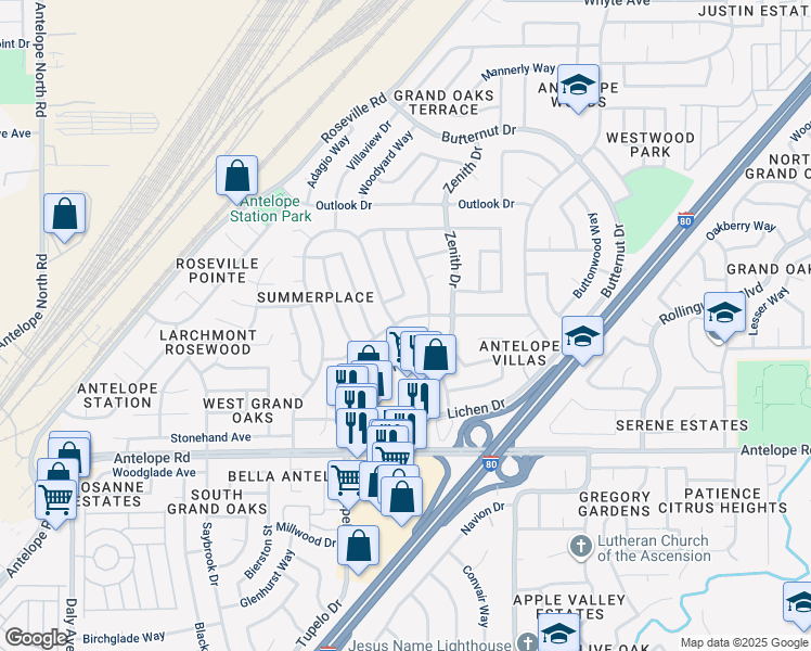map of restaurants, bars, coffee shops, grocery stores, and more near 8025 Cornerstone Way in Citrus Heights