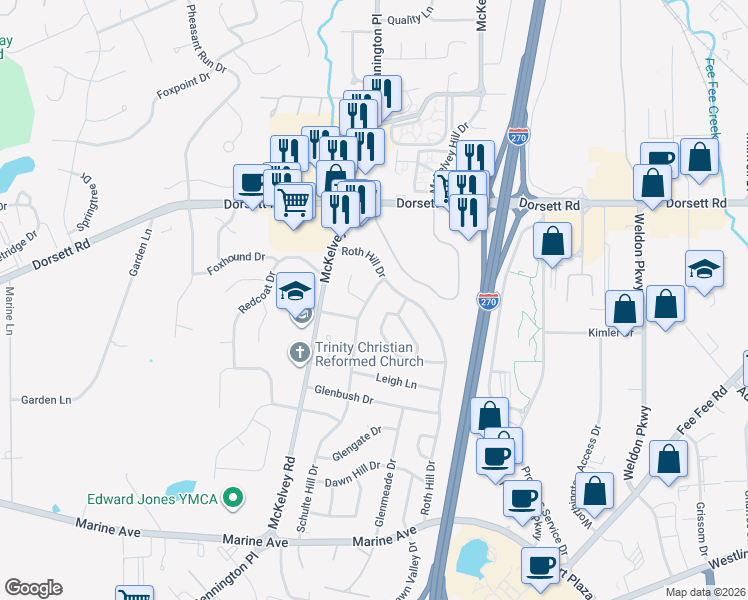 map of restaurants, bars, coffee shops, grocery stores, and more near 1867 Schulte Hill Drive in Maryland Heights