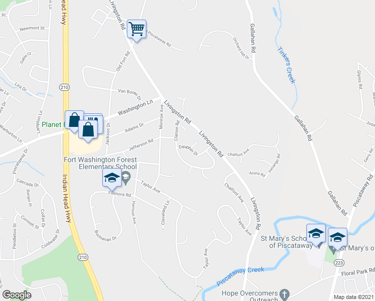 map of restaurants, bars, coffee shops, grocery stores, and more near 1607 Dauphin Drive in Fort Washington