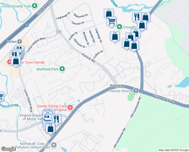 map of restaurants, bars, coffee shops, grocery stores, and more near 7481 Wounded Knee Road in Lorton