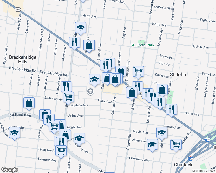 map of restaurants, bars, coffee shops, grocery stores, and more near 9070 Saint Charles Rock Road in Saint Louis