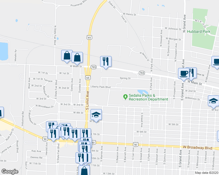 map of restaurants, bars, coffee shops, grocery stores, and more near 1571 Liberty Park Boulevard in Sedalia