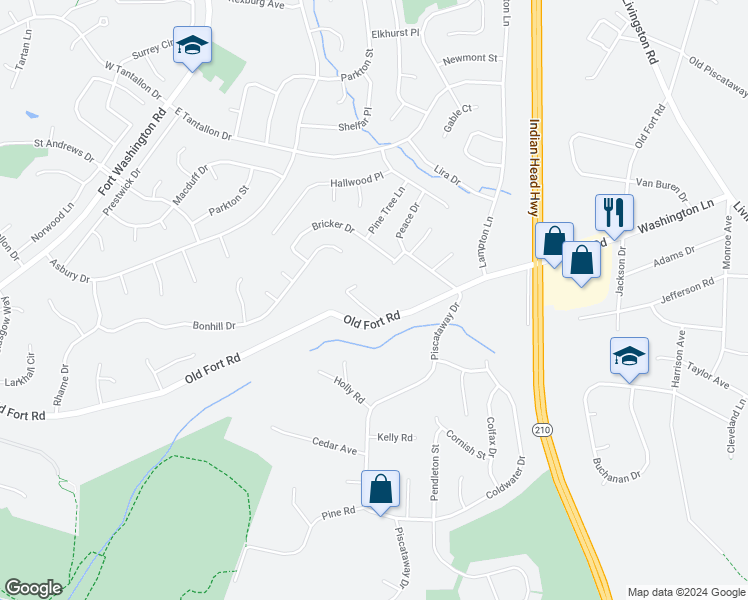 map of restaurants, bars, coffee shops, grocery stores, and more near 13015 Old Fort Road in Fort Washington