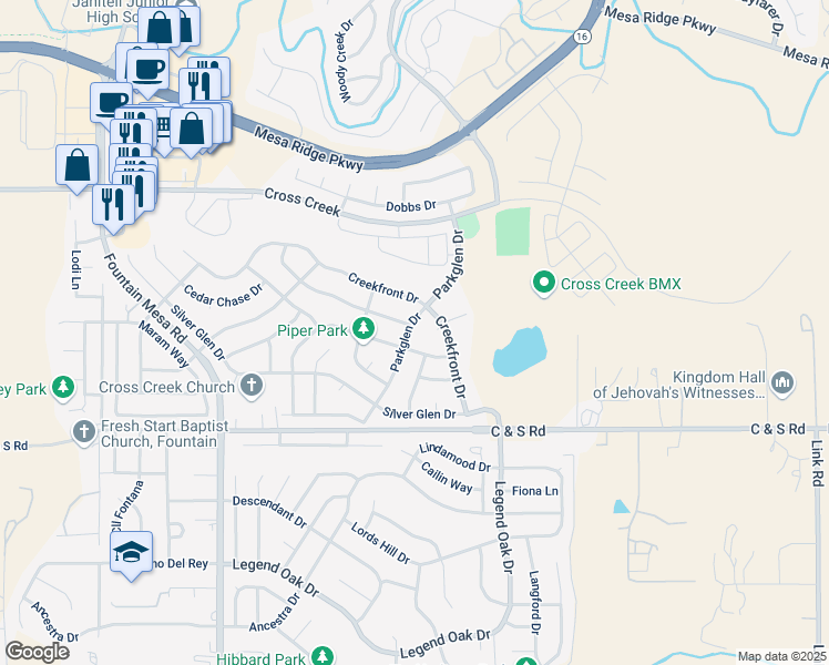 map of restaurants, bars, coffee shops, grocery stores, and more near 8277 Parkglen Drive in Fountain
