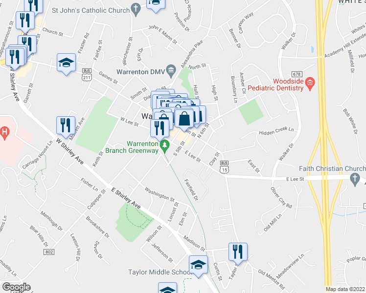 map of restaurants, bars, coffee shops, grocery stores, and more near 111 East Lee Street in Warrenton