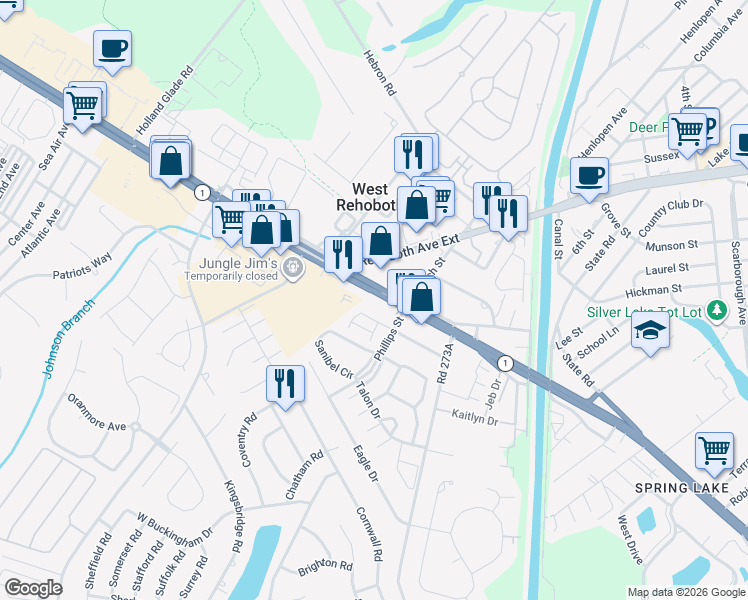 map of restaurants, bars, coffee shops, grocery stores, and more near 20268 Delaware 1 in Rehoboth Beach
