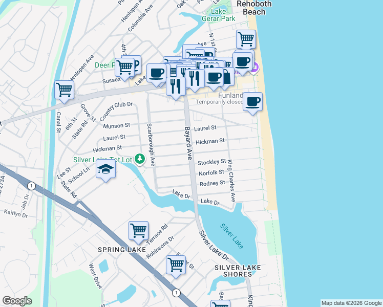 map of restaurants, bars, coffee shops, grocery stores, and more near 194 New Castle Street in Rehoboth Beach