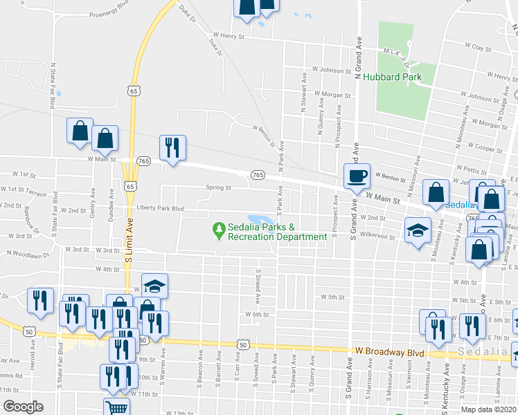 map of restaurants, bars, coffee shops, grocery stores, and more near 1216 Liberty Park Boulevard in Sedalia