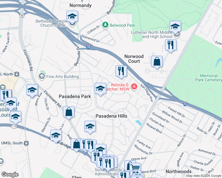 map of restaurants, bars, coffee shops, grocery stores, and more near 7375 Overbrook Drive in St. Louis