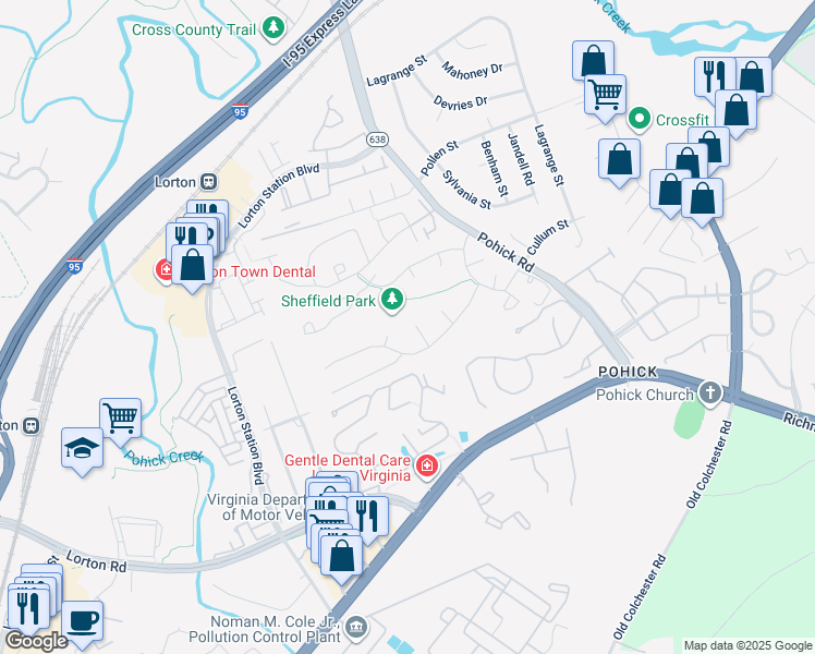 map of restaurants, bars, coffee shops, grocery stores, and more near 9104 Ashmeadow Court in Lorton