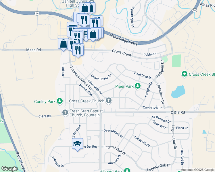map of restaurants, bars, coffee shops, grocery stores, and more near 7285 Village Meadows Drive in Fountain