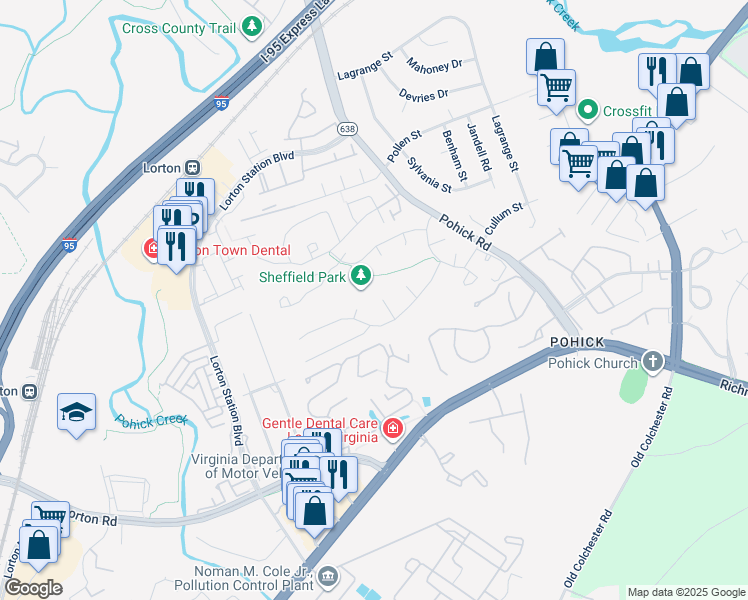 map of restaurants, bars, coffee shops, grocery stores, and more near 9104 Ashmeadow Court in Lorton