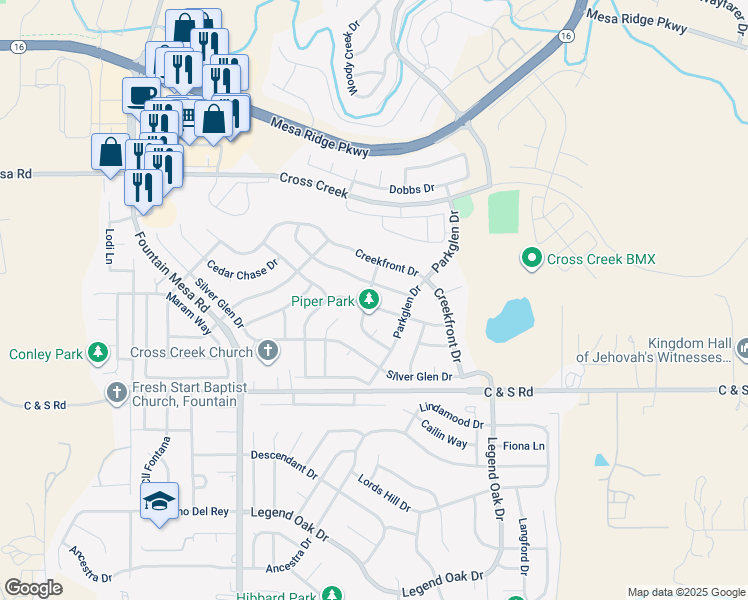 map of restaurants, bars, coffee shops, grocery stores, and more near 7610 Bentwater Drive in Fountain