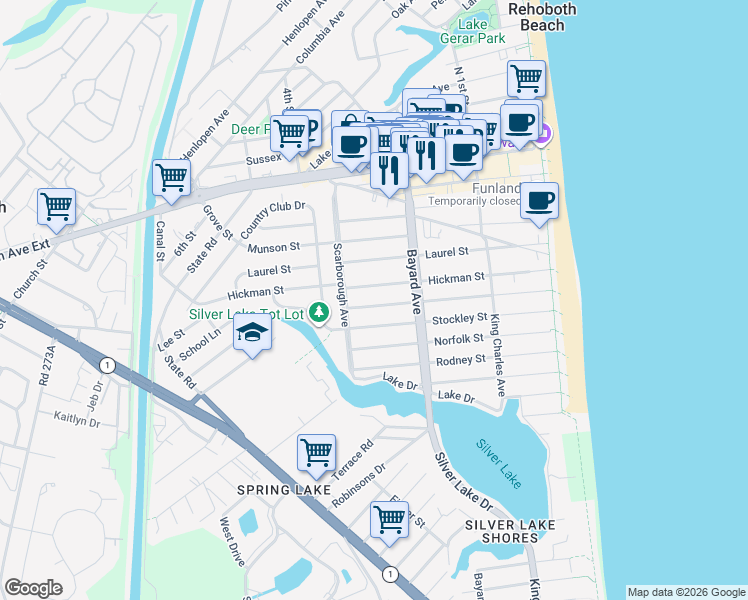 map of restaurants, bars, coffee shops, grocery stores, and more near 38447 Carolina Street in Dewey Beach