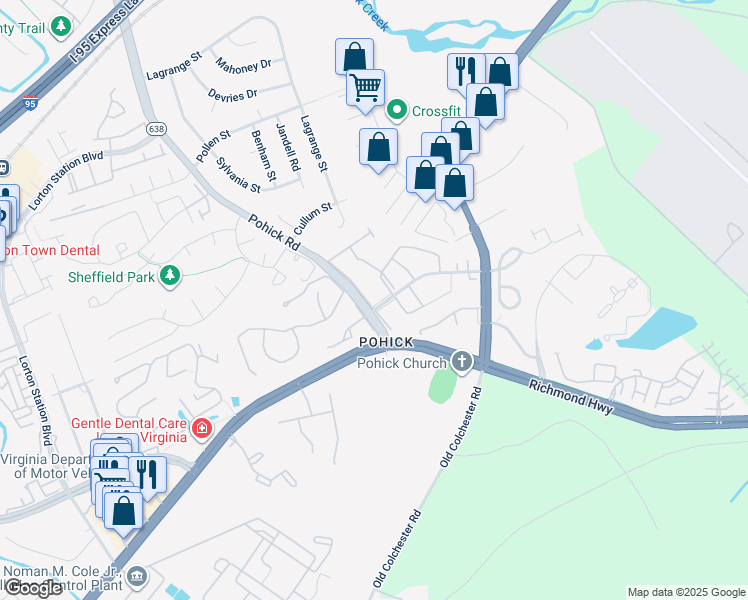map of restaurants, bars, coffee shops, grocery stores, and more near 7416 Whernside Street in Lorton