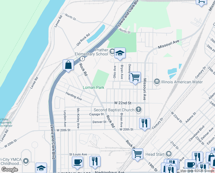 map of restaurants, bars, coffee shops, grocery stores, and more near 2513 West 24th Street in Granite City