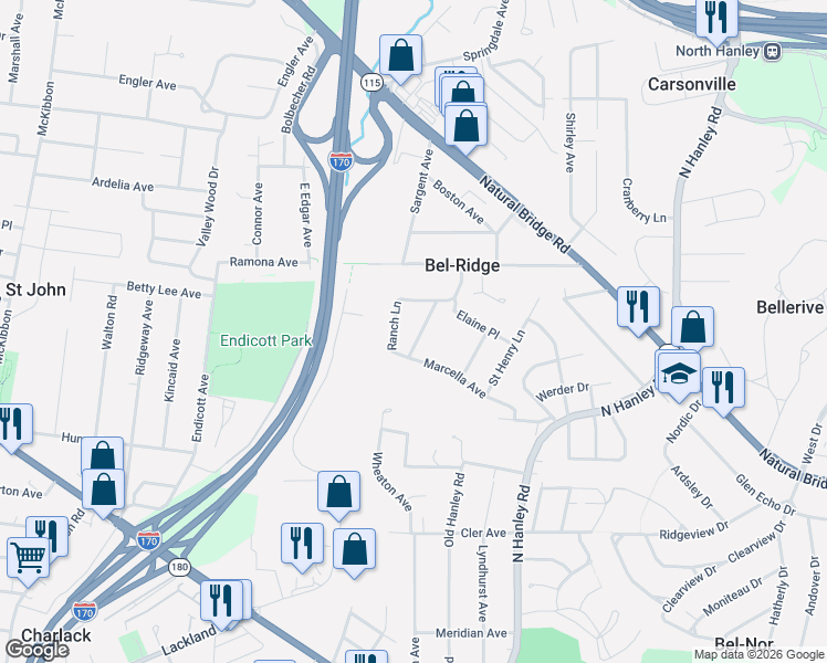 map of restaurants, bars, coffee shops, grocery stores, and more near 3428 Ranch Lane in St. Louis