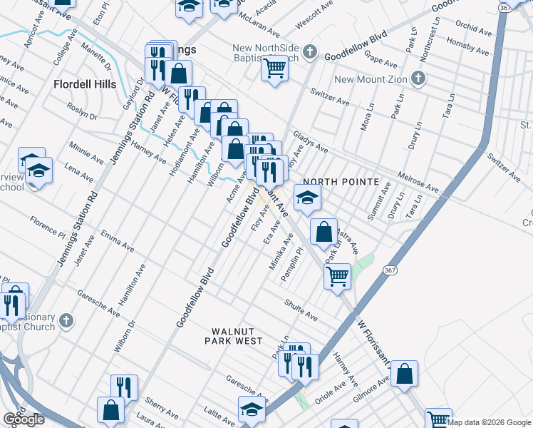 map of restaurants, bars, coffee shops, grocery stores, and more near 5779 Floy Avenue in St. Louis