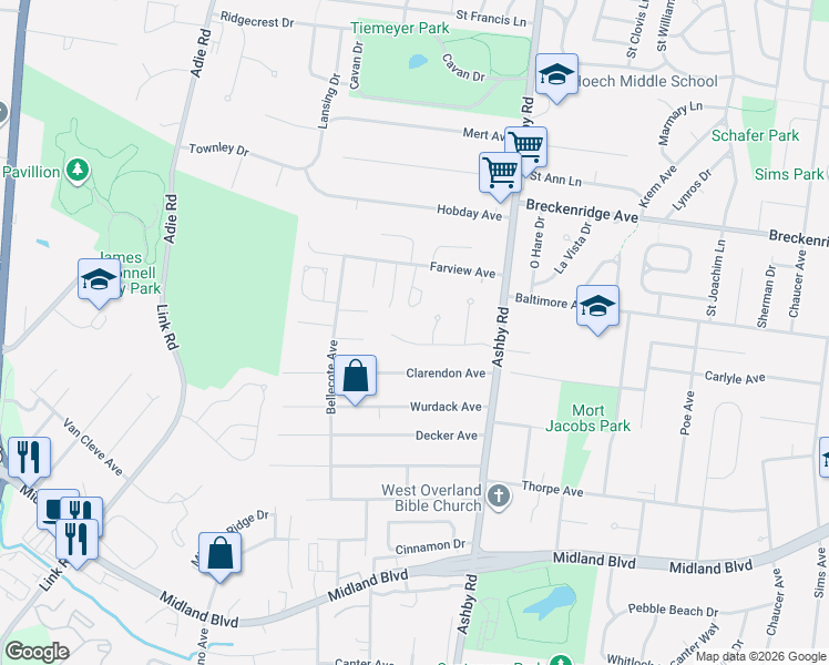 map of restaurants, bars, coffee shops, grocery stores, and more near 3000 Farview Estates Drive in Saint Ann