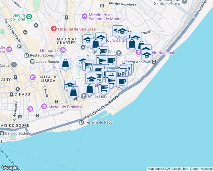 map of restaurants, bars, coffee shops, grocery stores, and more near 2 Beco da Cardosa in Lisboa